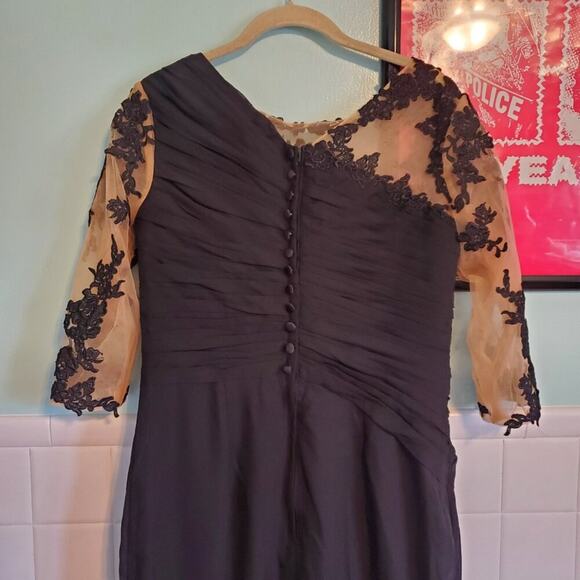 Vintage 90s Y2K Black Illusion Floral Bodycon Maxi Dress Size 14 Goth Glam - Picture 10 of 14